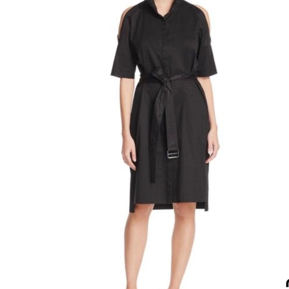 DKNY Black Cold Shoulder Cotton Shirt Dress With Belt, Size L - Picture 5 of 16